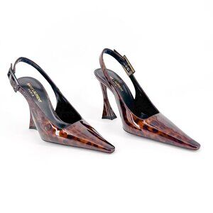 Saint Laurent Dune 110 Brown Patent Pumps Slingback High Heels Size 38 US 8